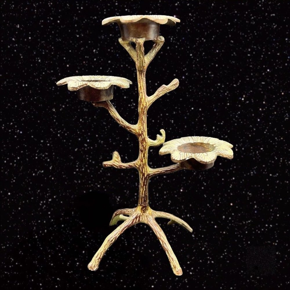 Vintage Metal Cast Iron Tree Candle Holder Patina Tree 10.5”T 7”W‎